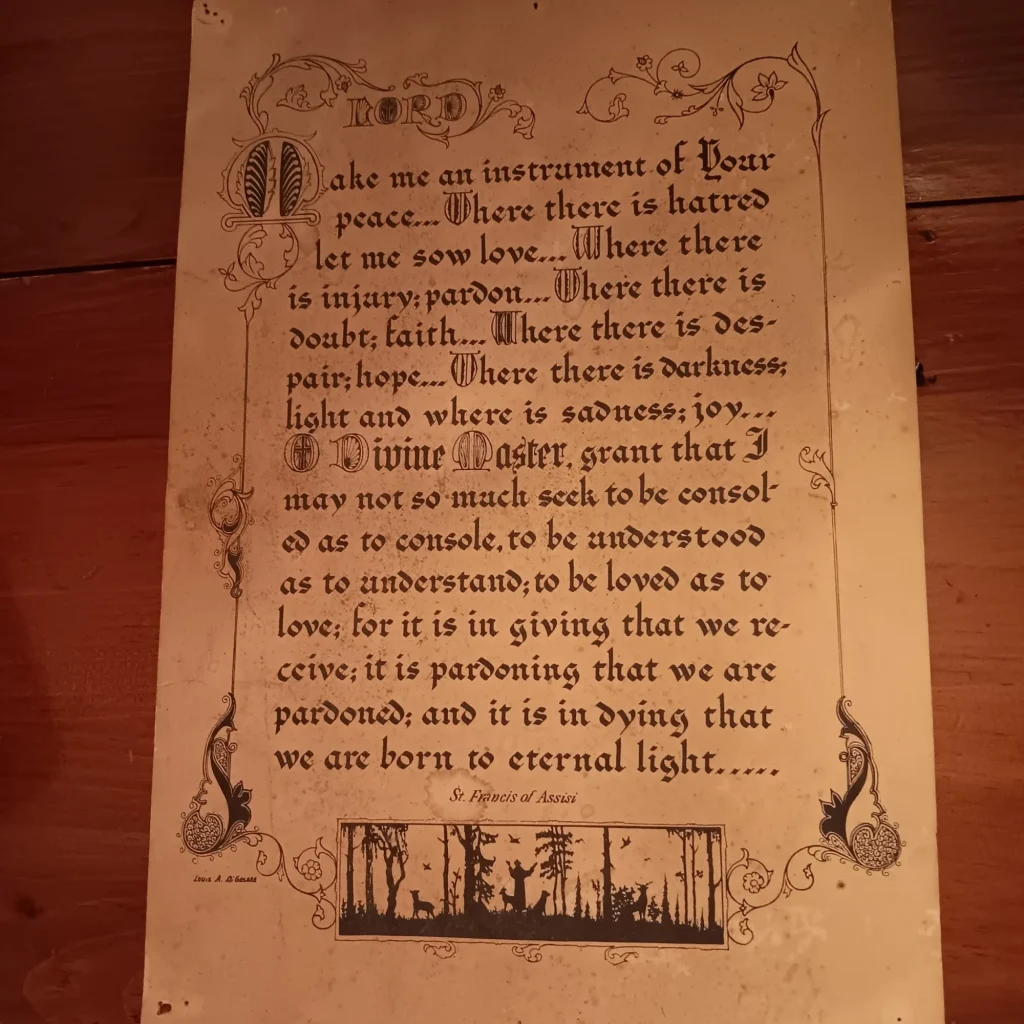Saint Francis prayer for Peace handwritted in calligraphy on parchment paper