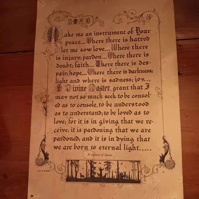 Saint Francis prayer for Peace handwritted in calligraphy on parchment paper
